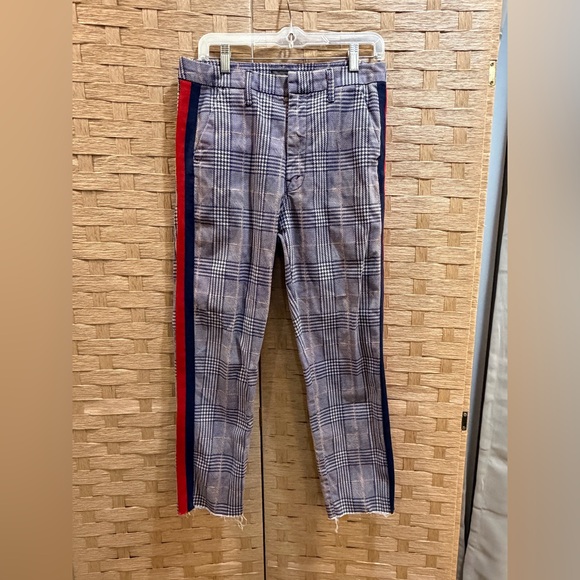 Mother Jeans 28 The Shaker Prep Fray Pant Blue Red Plaid Track Stripe Trouser - Picture 2 of 8